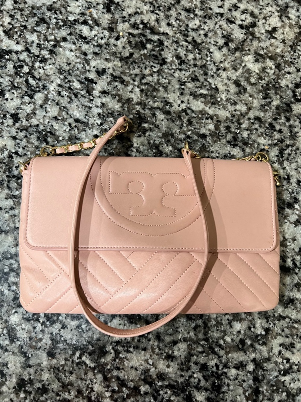Tory Burch Blush Quilted Leather Shoulder Bag with Gold Chain Detail